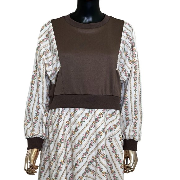 🆕 Anniewear Los Angeles Long Sleeve Midi Dress Brown Bodice with Floral Skirt - Picture 7 of 12